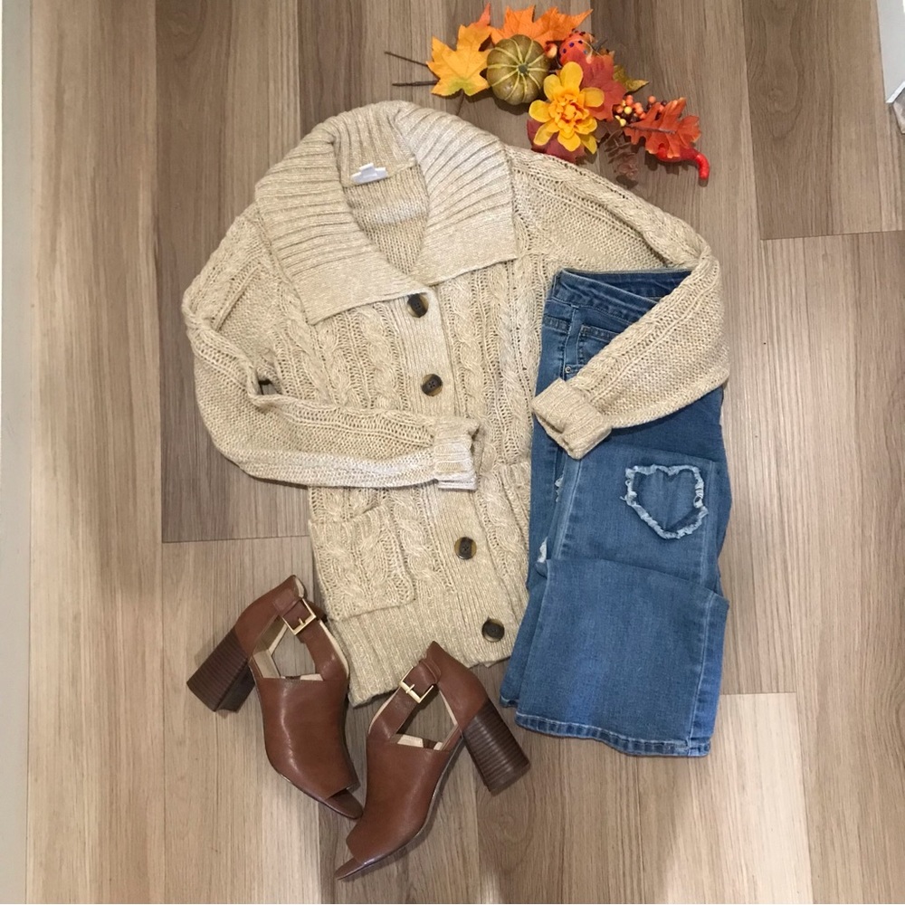 St. johns bay button down tan sweater.